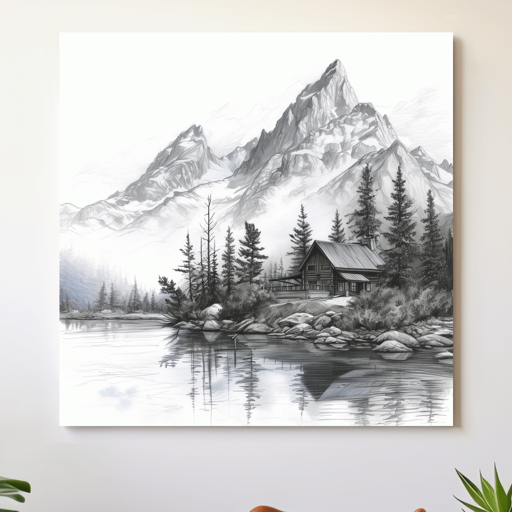 Monochrome Mountain Lake Cabin Sketch - Rustic Alpine Glacier Wall Art