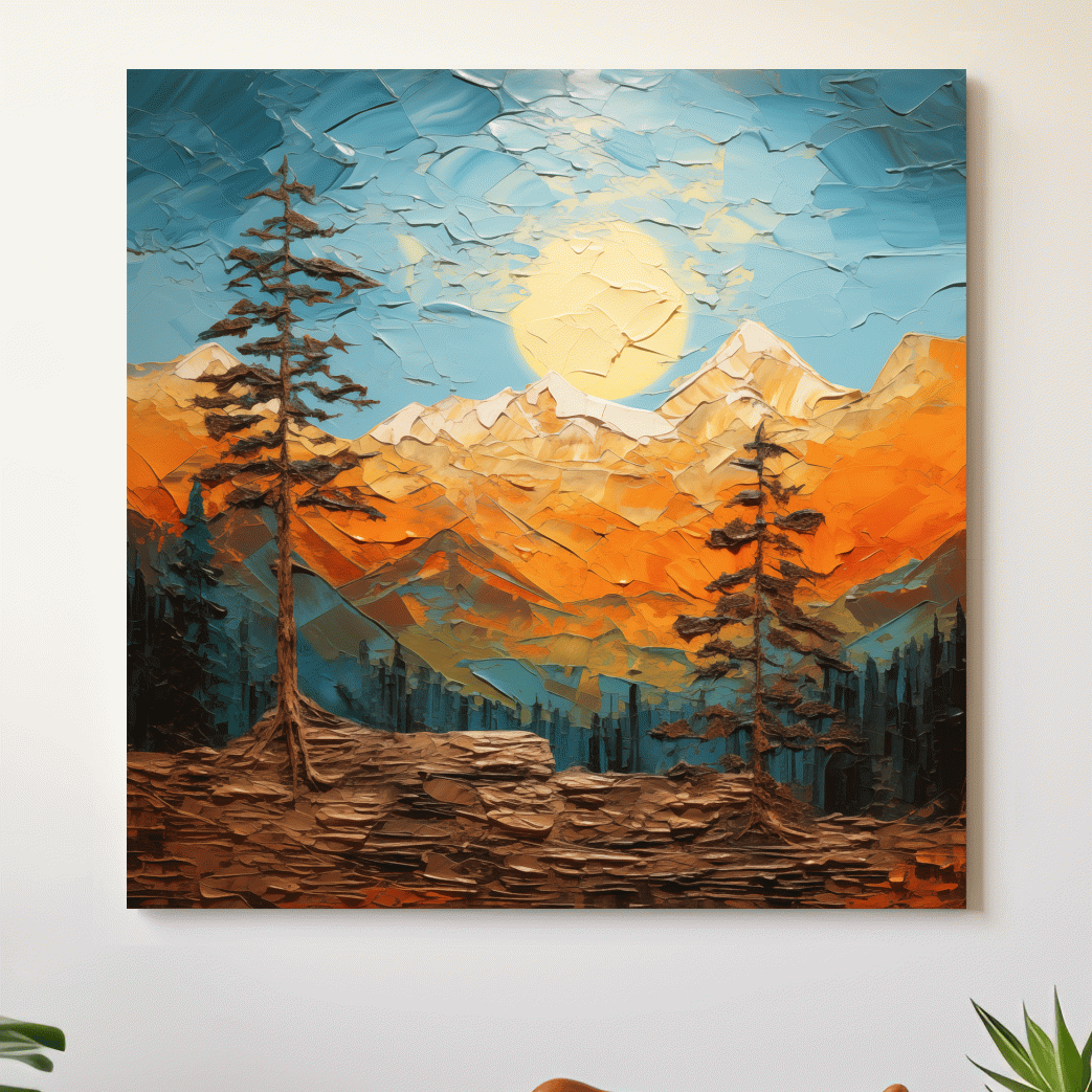 Mountains at sunset artwork print, thick impasto textured oil painting effect