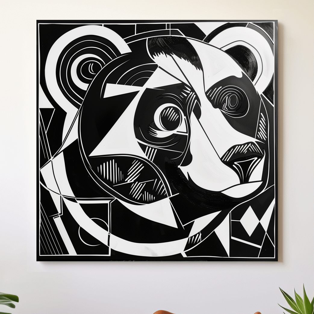 Cubism style abstract painting of a black bear, modern wall art