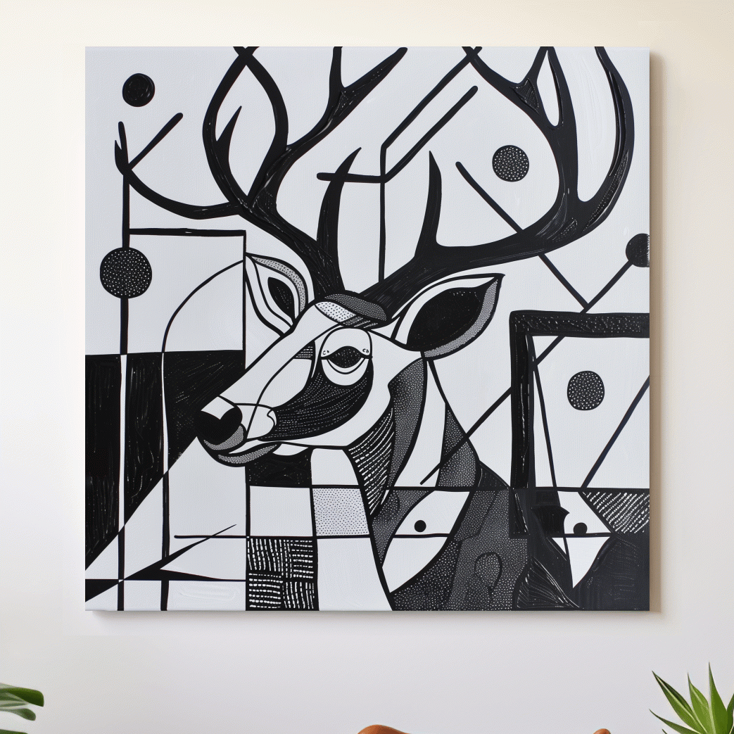 Abstract painting, black & white deer head and antlers artwork