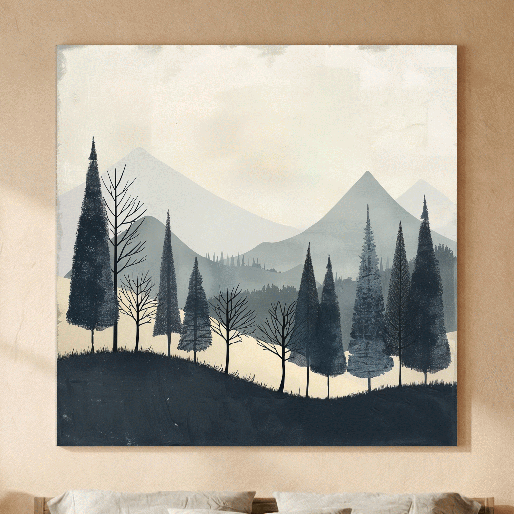 Minimalist Nordic Mountain Forest Landscape - Serene Scandinavian Nature Wall Art