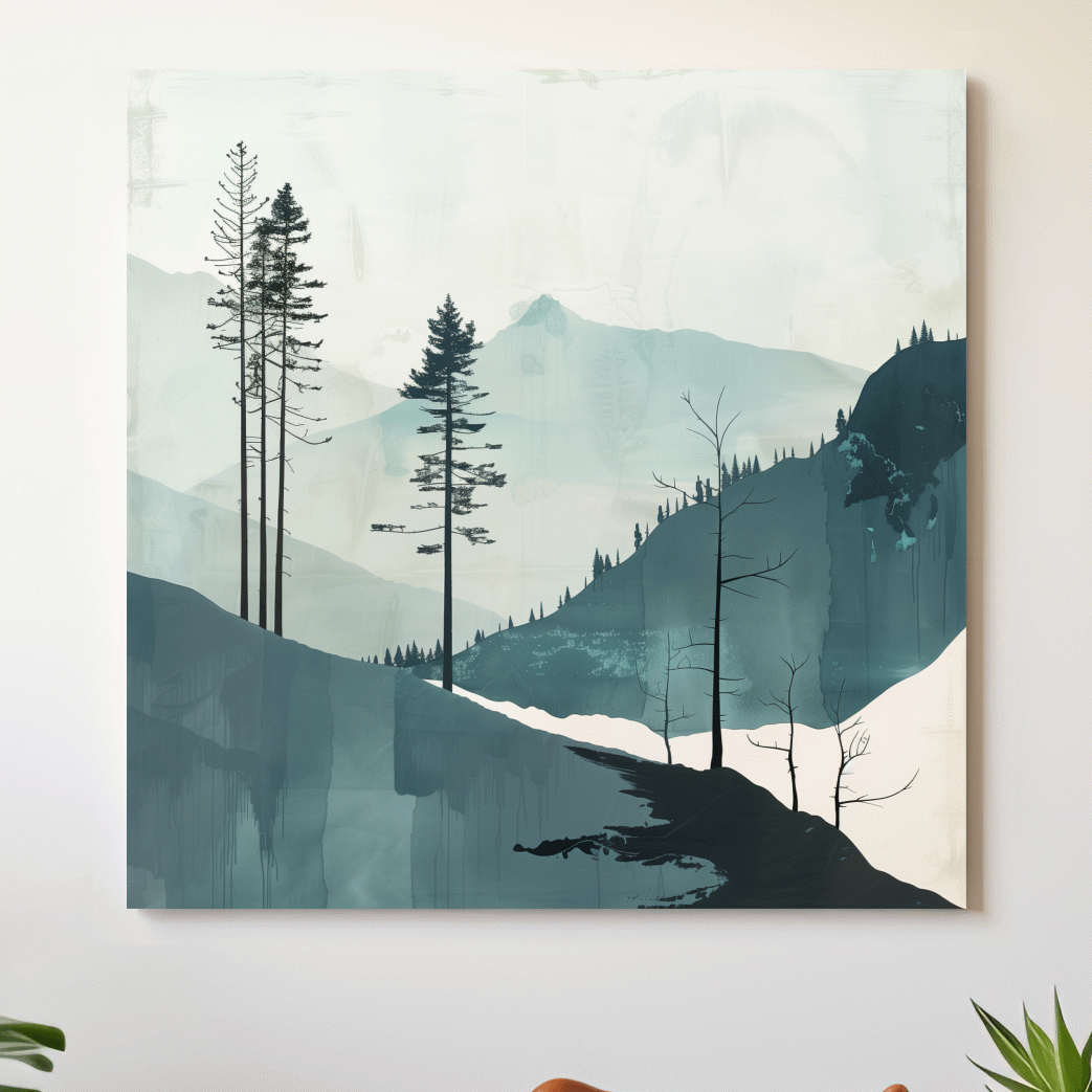 Minimalist Nordic Forest Artwork - Scandinavian Alpine Mountain Wall Art