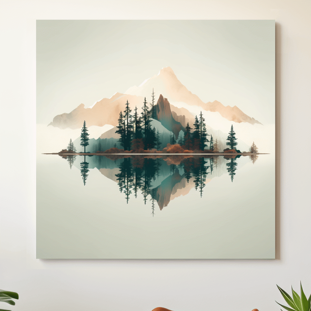Minimalist Watercolor Mountain Lake Reflection - Serene Pine Forest Landscape Wall Art