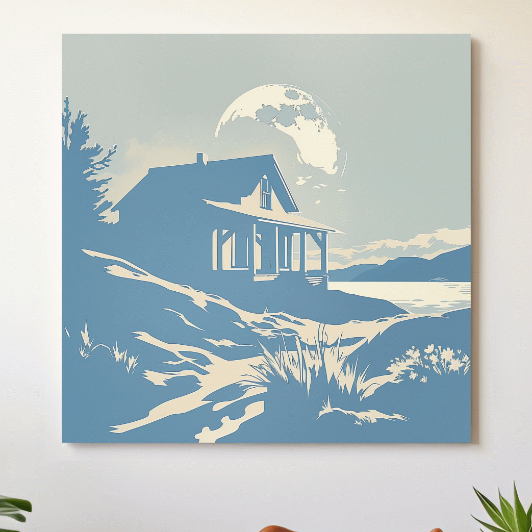 Lakeside cabin on a moonlit night, minimal vector wall artwork