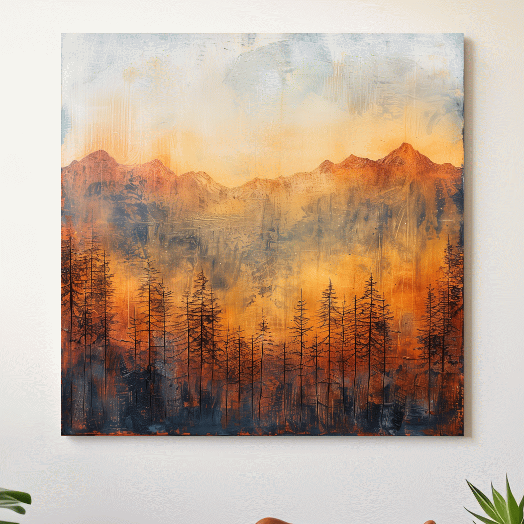 Landscape painting, mountains and trees, textured mixed-media style artwork