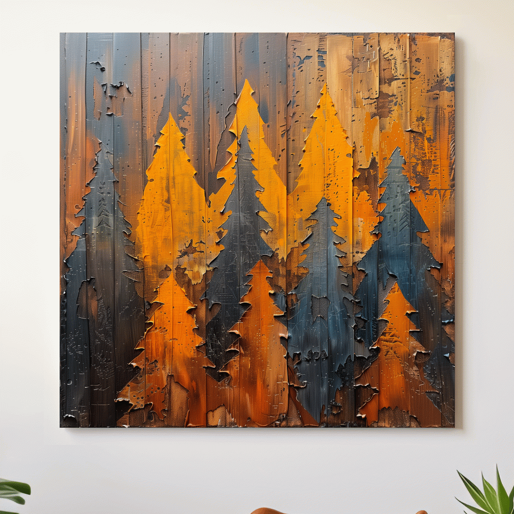 Painted wood artwork, alpine forest painting, peeled paint effect