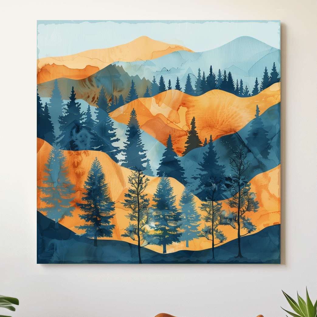 Watercolour painting forest wall art, pine trees, rolling hills and mountains