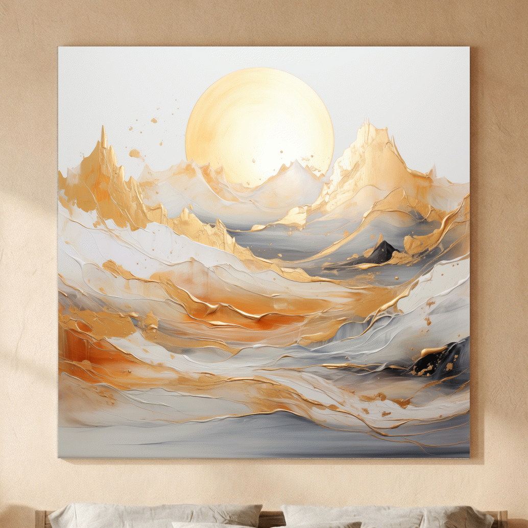 Gold Leaf Abstract Mountains Painting - Minimalist Sunrise Landscape Wall Art