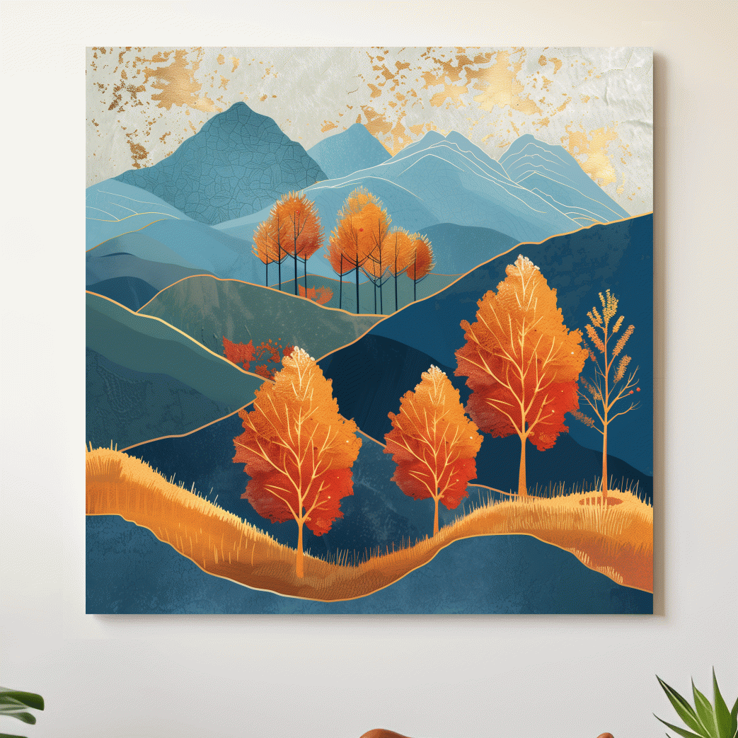 Fall in the mountains wall art, gold leaf effect artwork