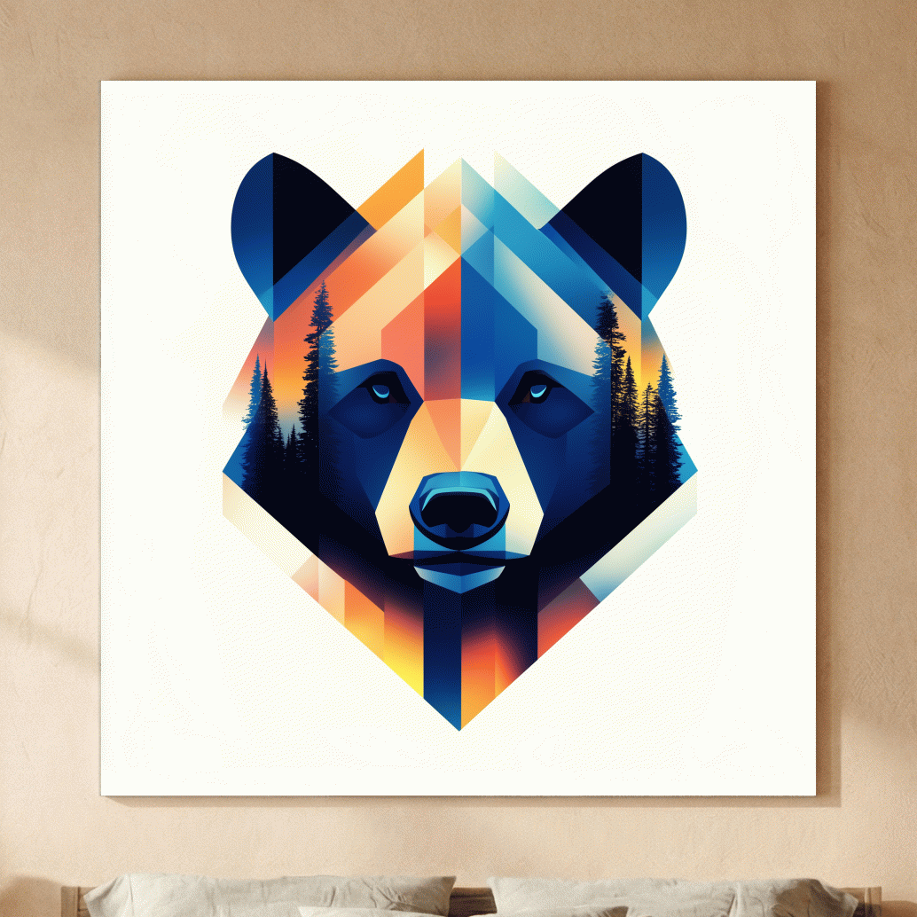 Colorful Geometric Grizzly Bear Forest Portrait - Modern Wildlife Wall Art