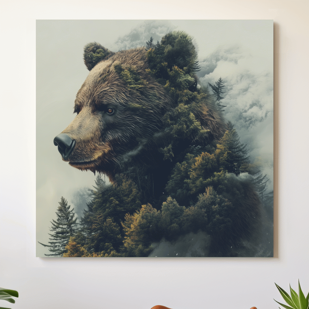 Surreal wall art, a grizzly bear morphing from a forest