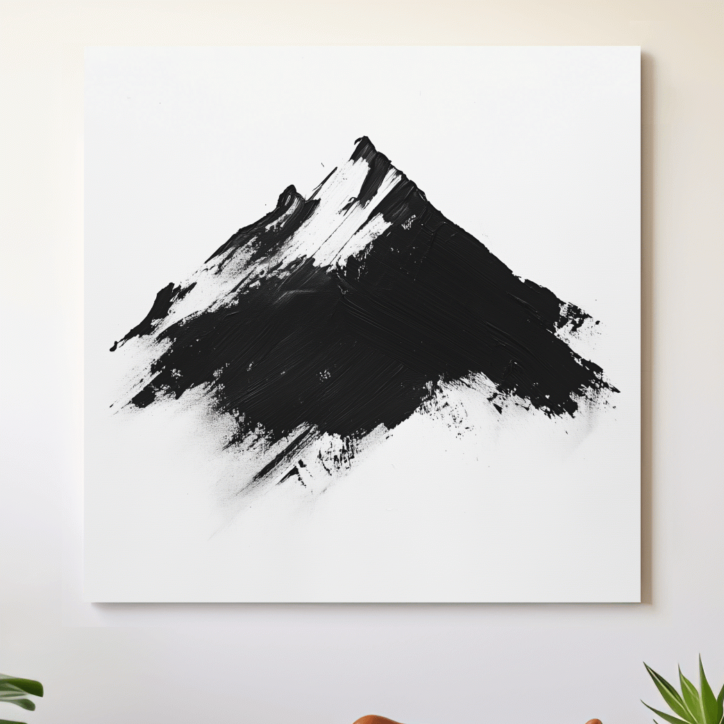 Modern abstract wall art, defined brush strokes black & white mountain painting