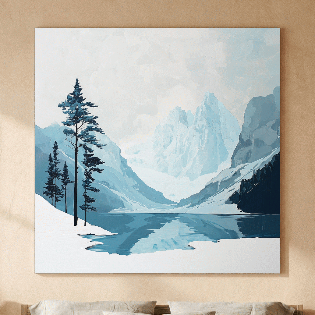 Minimalist Icy Mountain Lake - Scandinavian Winter Landscape Artwork