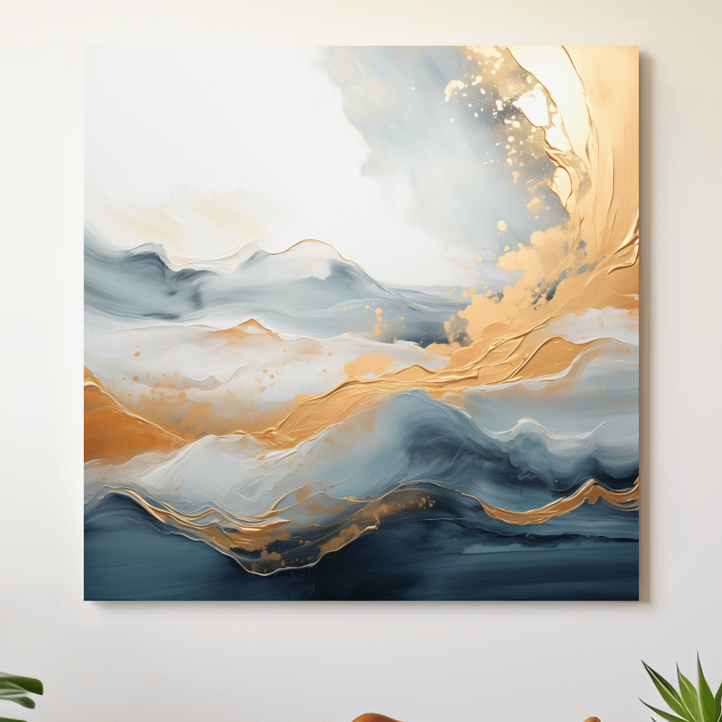 Fluid Abstract Blue And Gold Mountain Landscape - Modern Mixed Media Wall Art
