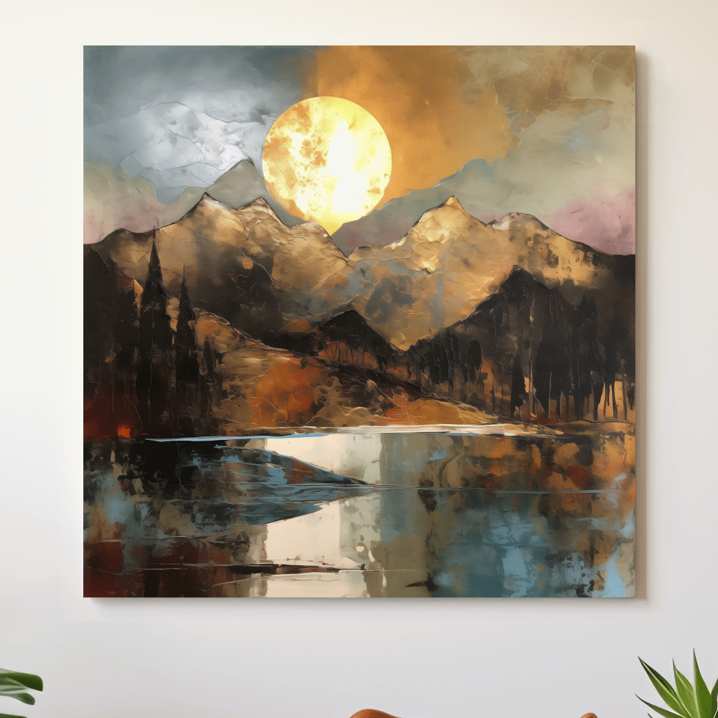Golden mountain sunset artwork, gold leaf textured style landscape wallart