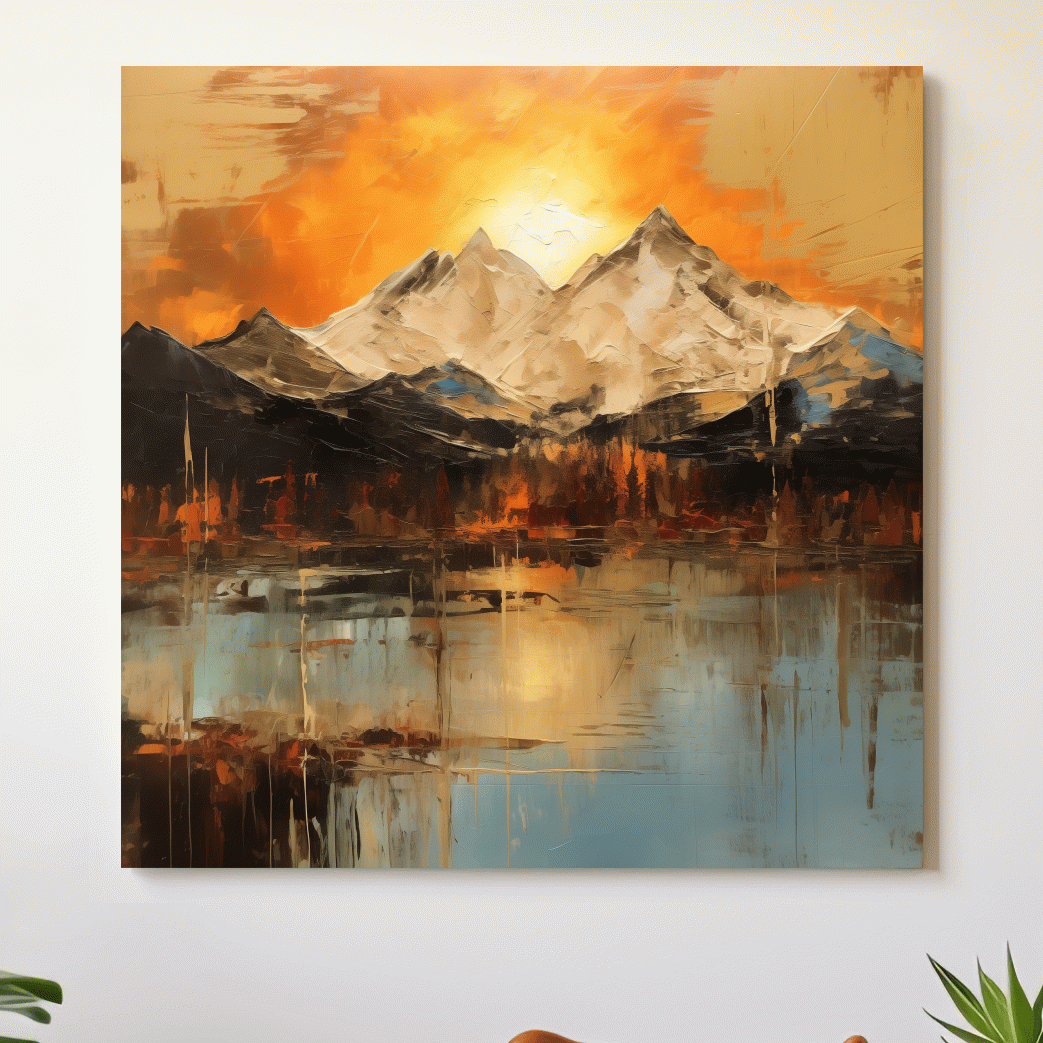 Abstract Mountain Lake Sunset - Textured Effect Alpine Wall Art