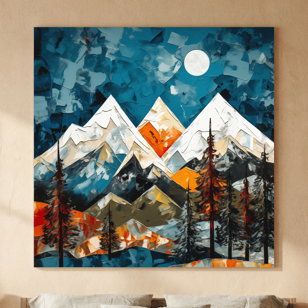 Abstract Impasto Style Mountain Nightscape - Moonlit Alpine Landscape Wall Art