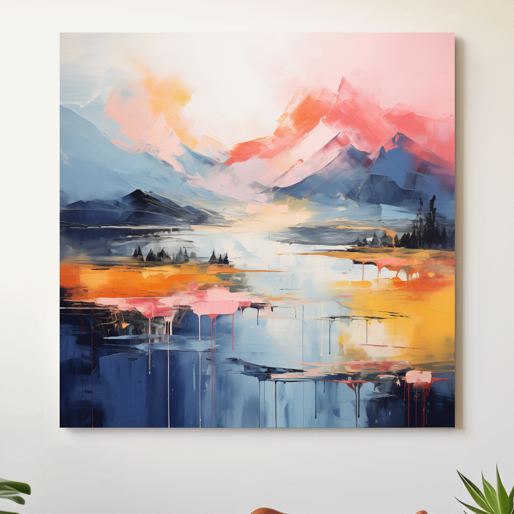Vibrant Abstract Mountain Lake Sunset Painting - Colorful Modern Landscape Wall Art