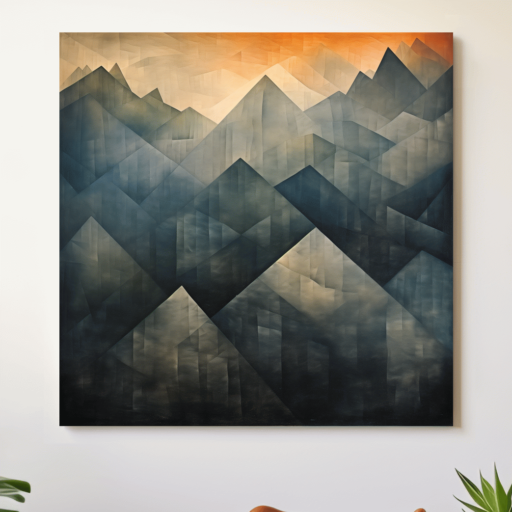 Abstract geometric mountain wall art, gradient shades with warm sunset sky