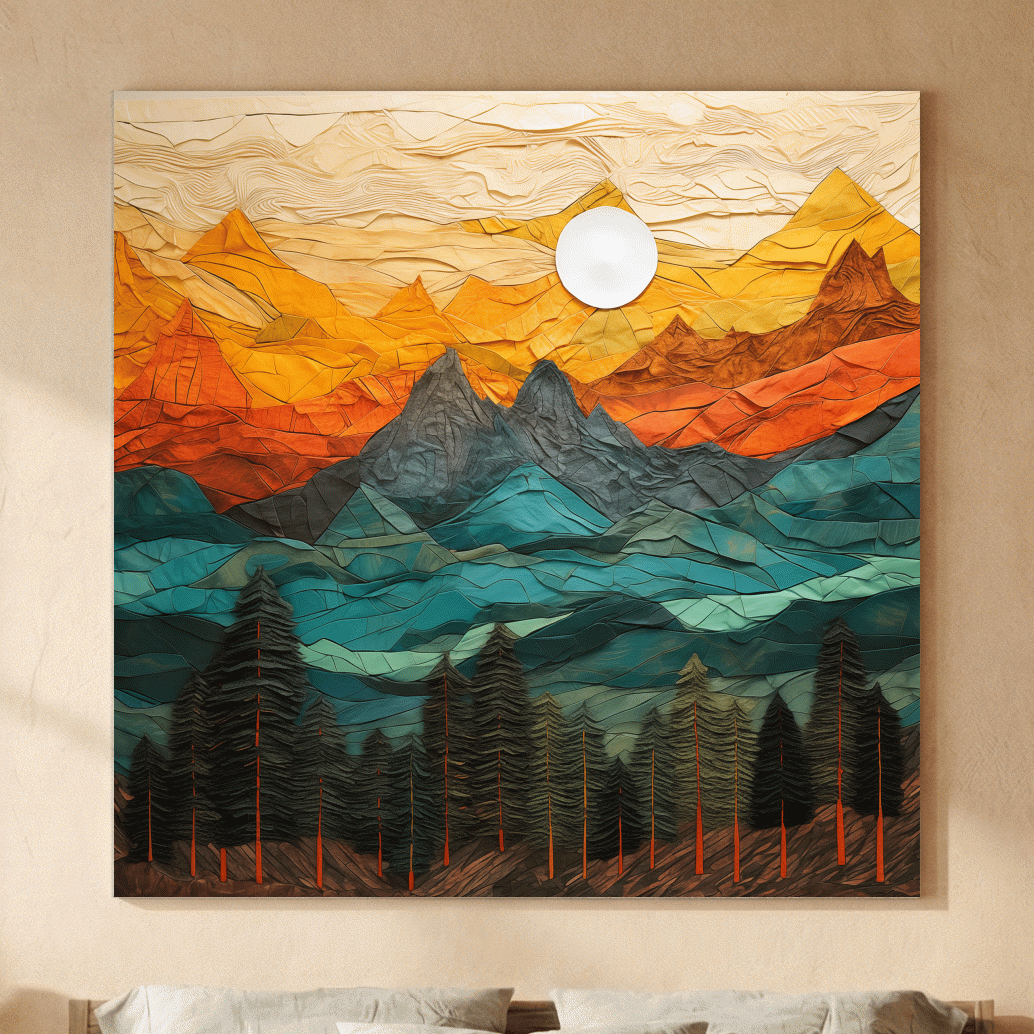 Layered Paper Cut Style Mountain Sunset - Colorful Abstract Forest Landscape Wall Art