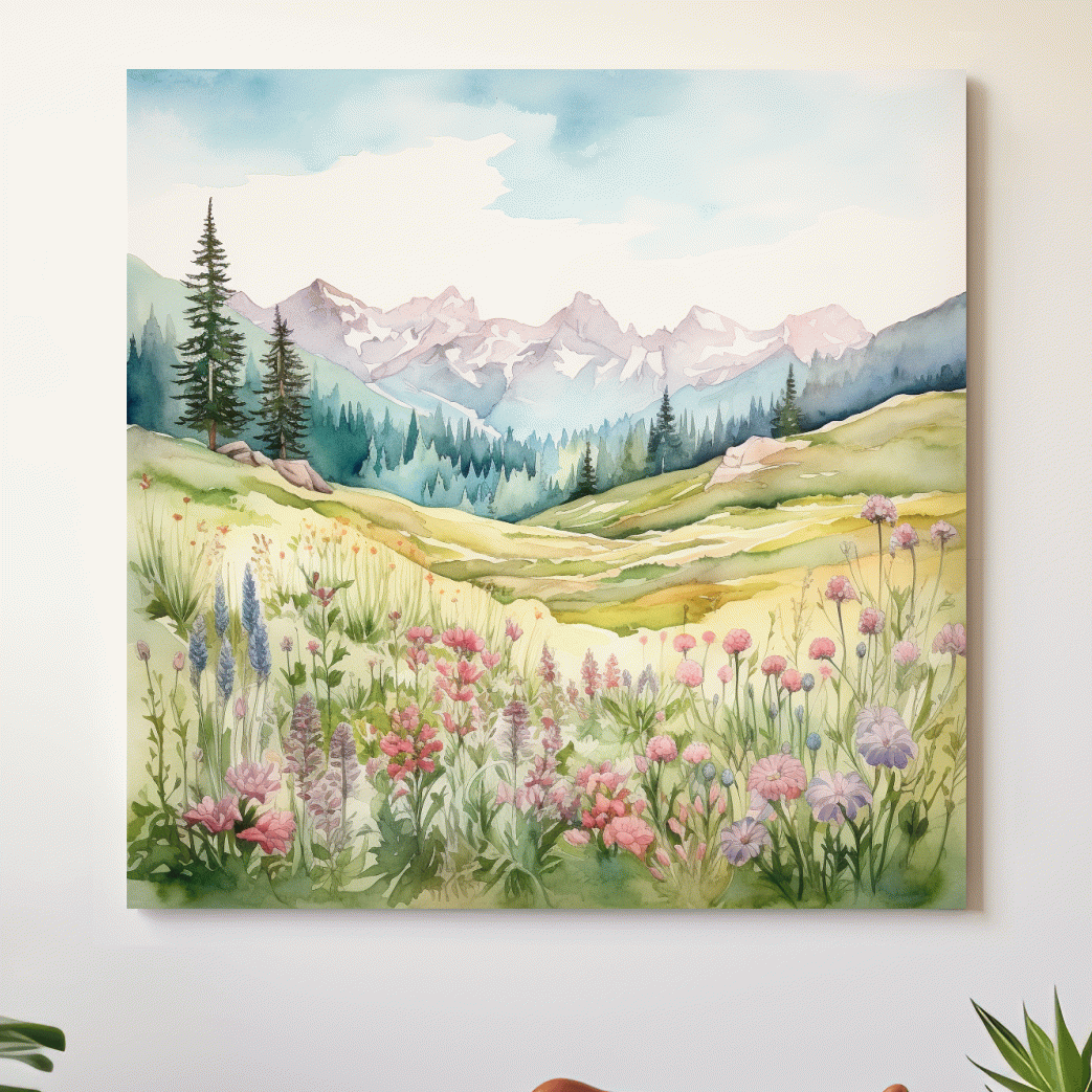 Watercolour painting of alpine flowers in pastel mountain meadows