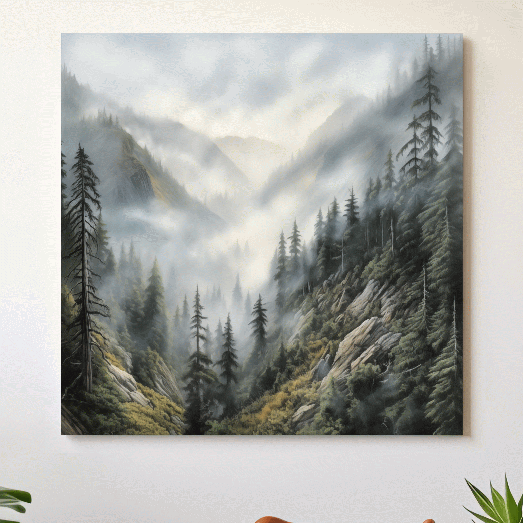 Misty Mountain Valley Pine Forest Painting - Foggy Alpine Landscape Wall Art