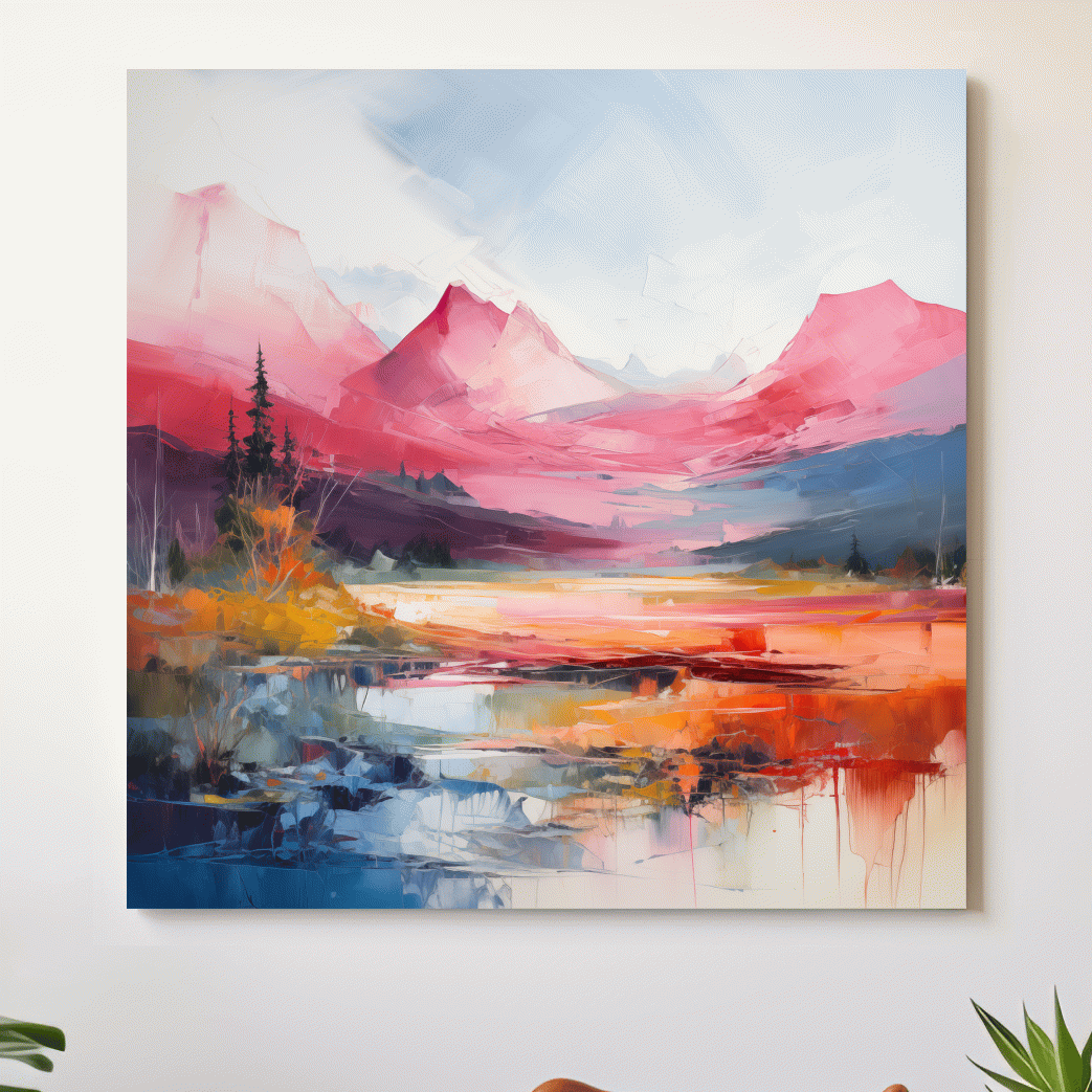 Vibrant Abstract Impressionist Alpine Lake Sunset Painting - Colorful Mountain Wall Art