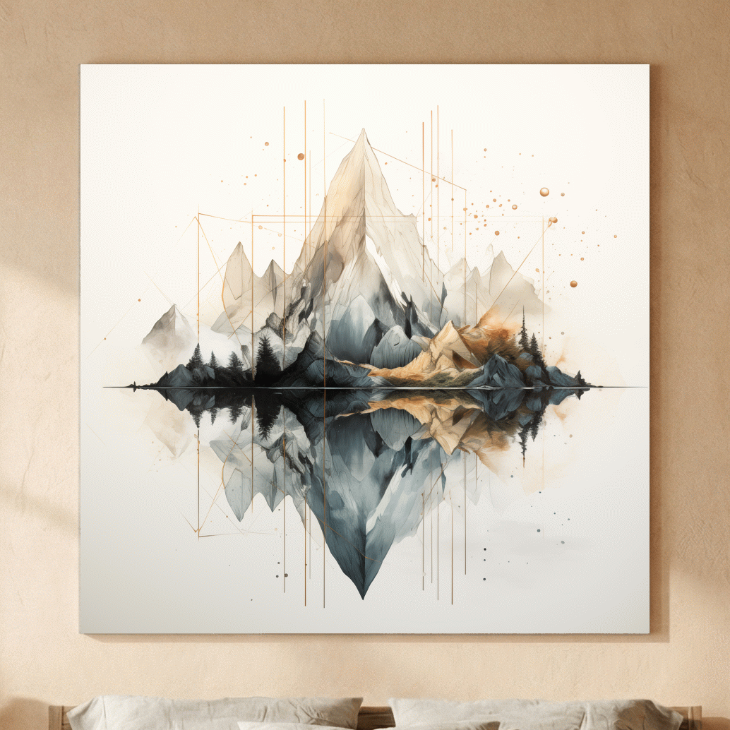 Geometric Watercolor Mountain Reflection Landscape - Modern Minimalist Wall Art