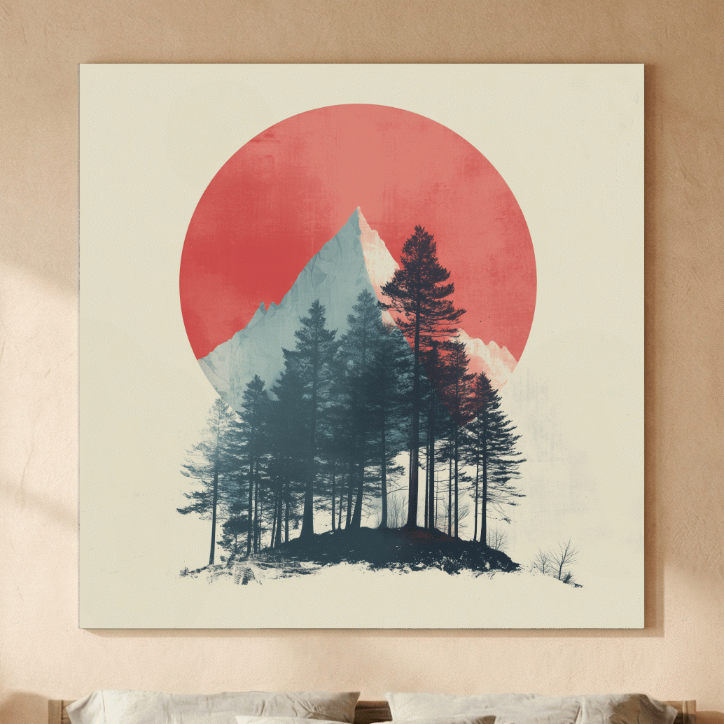 Minimalist Mountain Peak Pine Forest - Scandinavian Sunset Landscape Wall Art