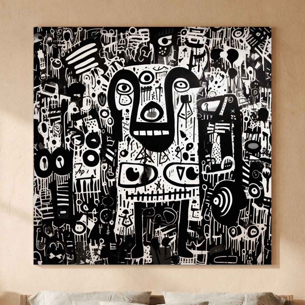 Black And White Abstract Graffiti Bear - Urban Street Art Wall Artwork