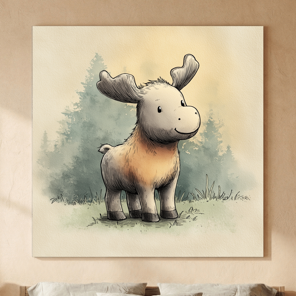 Cute Baby Moose Watercolor Illustration - Woodland Nursery Animal Wall Art