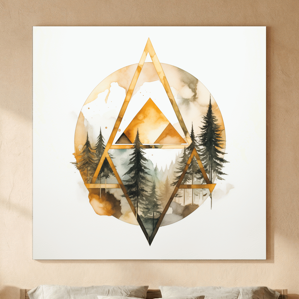 Rustic Elegant Watercolor Mountain Pine Forest - Abstract Golden Geometric Nature Wall Art