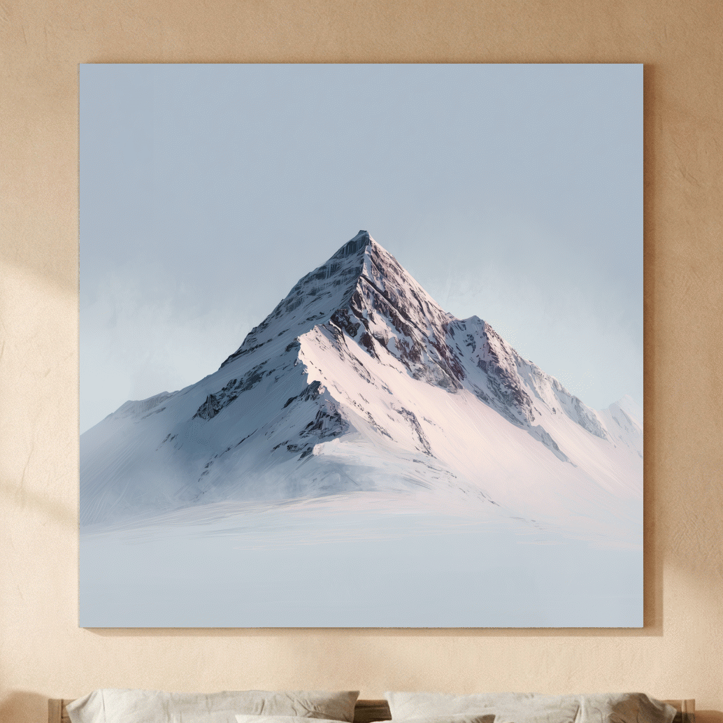 Minimalist Snowy Alpine Peak Painting - Serene Winter Mountain Wall Art