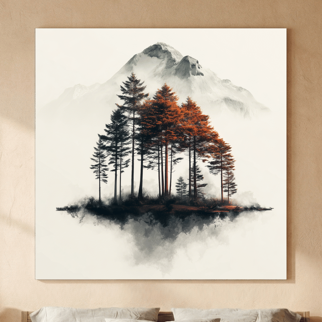 Misty Mountain Pine Forest Watercolor - Autumn Landscape Wall Art