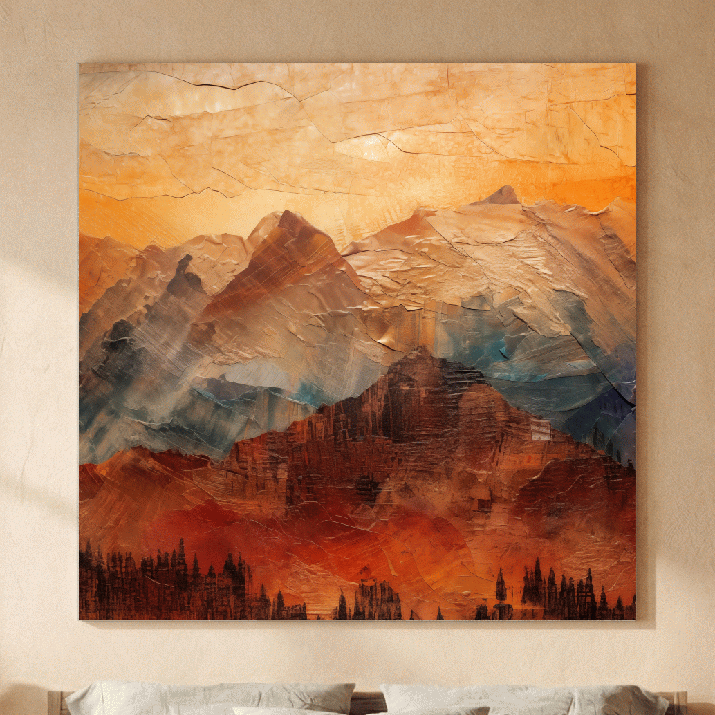 Impasto Style Abstract Mountain Range Sunset - Warm Rustic Landscape Wall Art
