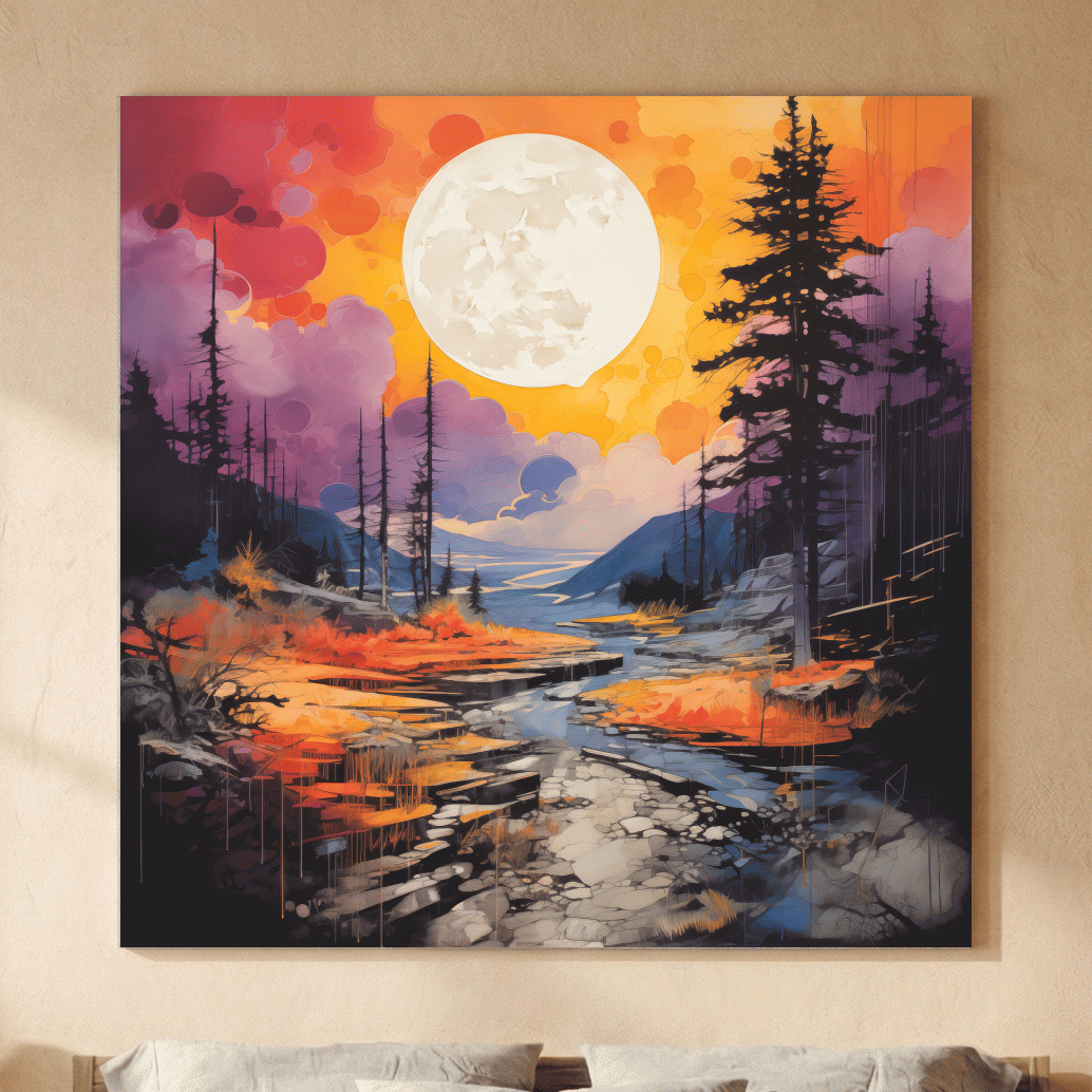 Vibrant River Valley Landscape Illustration - Abstract Sunset Forest Wall Art