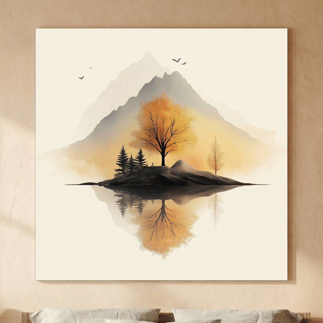 Minimalist Misty Mountain Lake Illustration - Serene Autumn Tree Landscape Wall Art