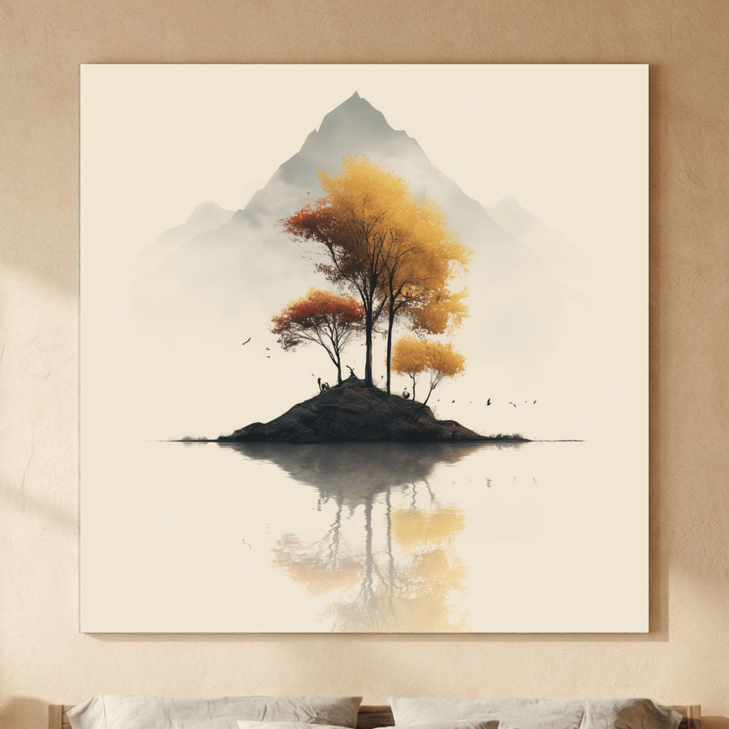 Minimalist Autumn Trees On Misty Lake Island - Serene Mountain Landscape Wall Art
