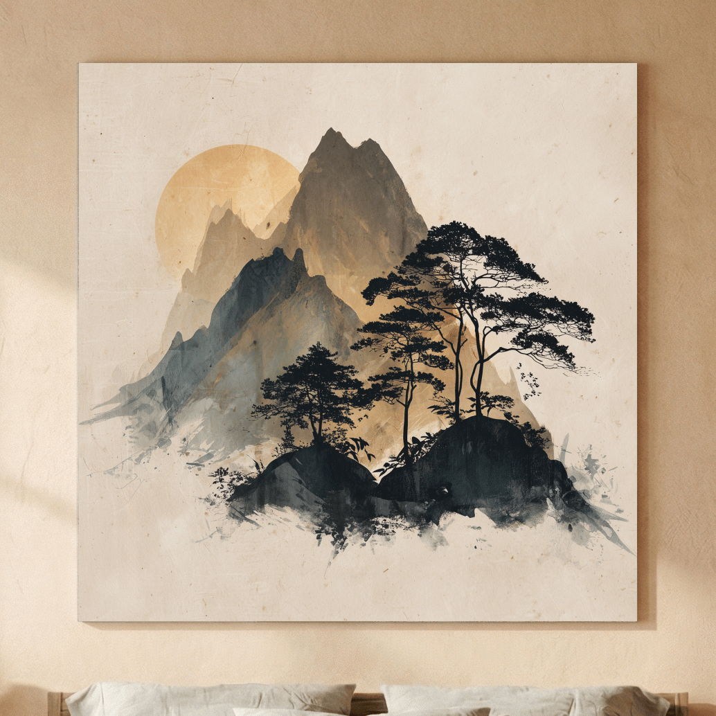 Zen Ink Wash Mountain Sunrise - Minimalist Japanese Pine Landscape Wall Art