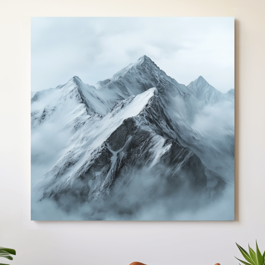 Misty Snowcapped Alpine Peak Landscape - Monochrome Photographic Mountain Wall Art