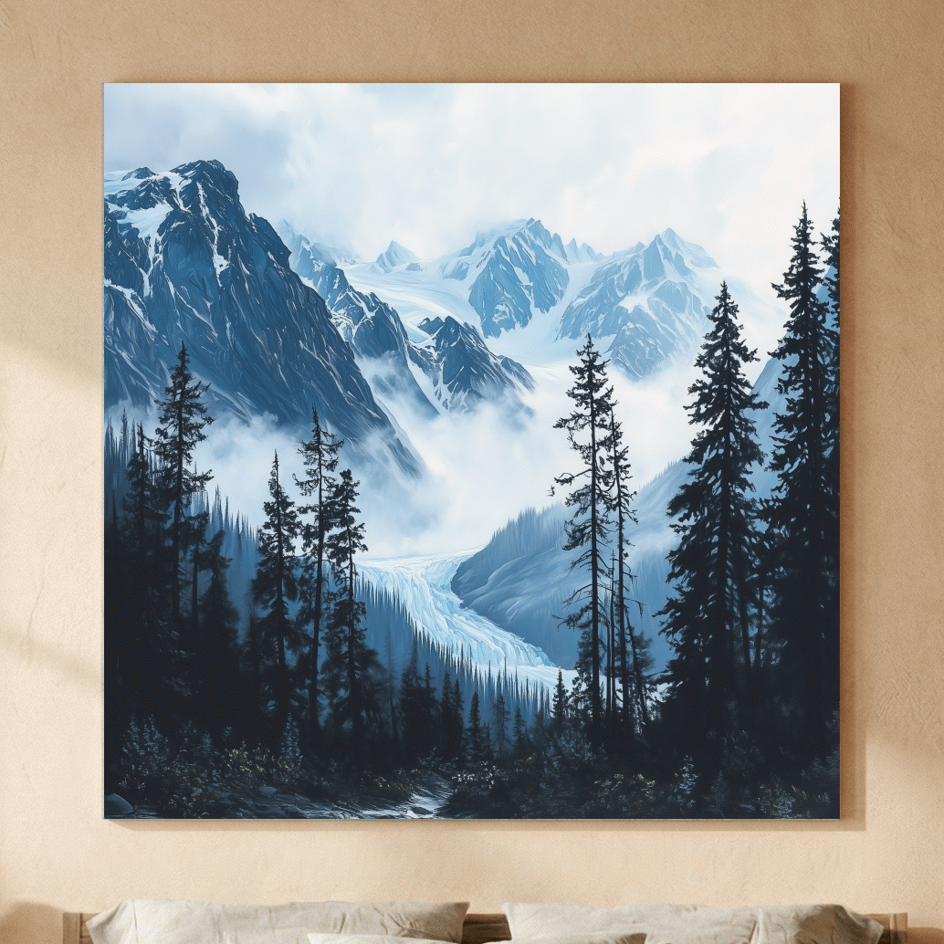 Misty Alpine Glacier Valley Landscape - Moody Mountain Forest Wall Art