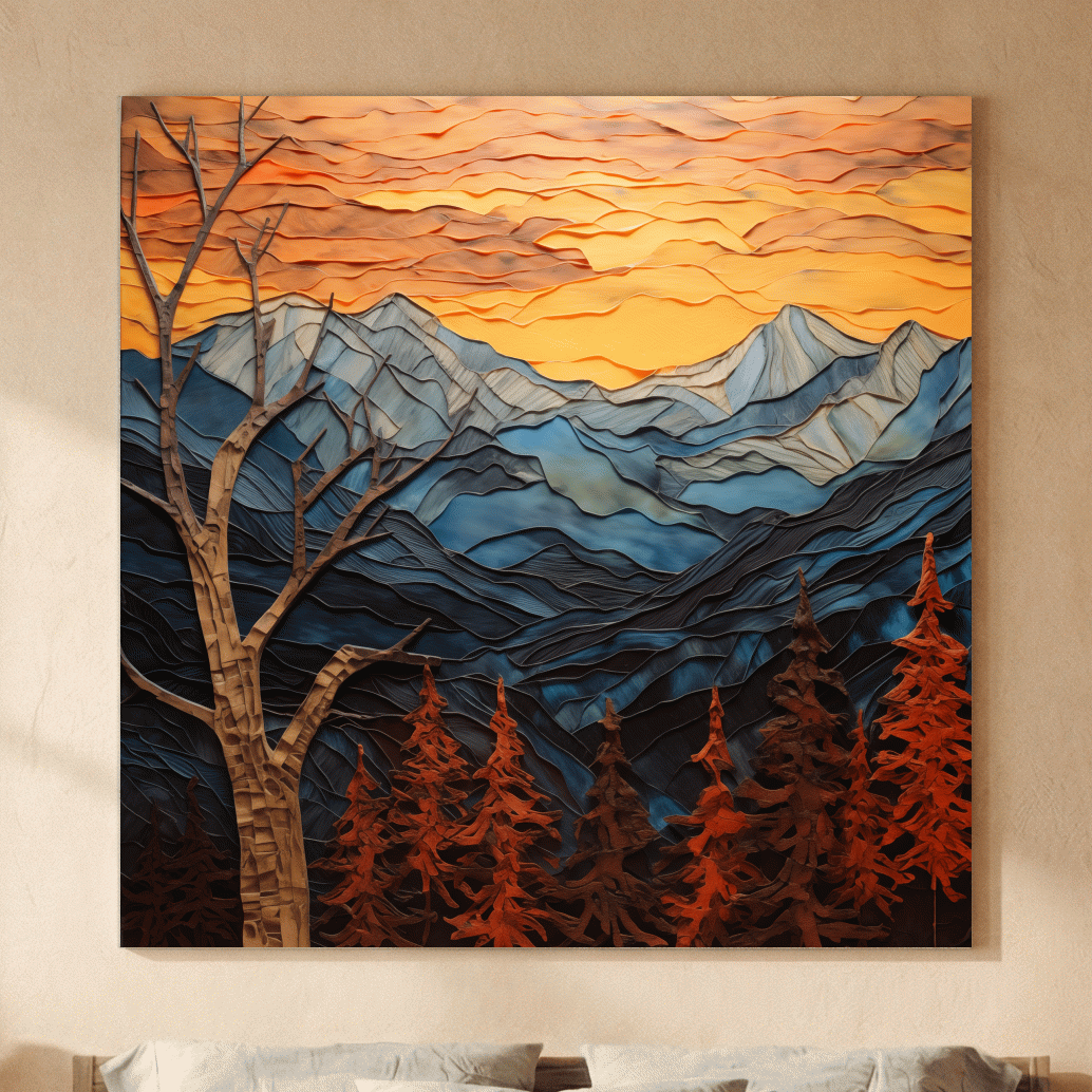 Layered Paper Cut Alpine Mountain Sunset - Mixed Media 3D Landscape Wall Art
