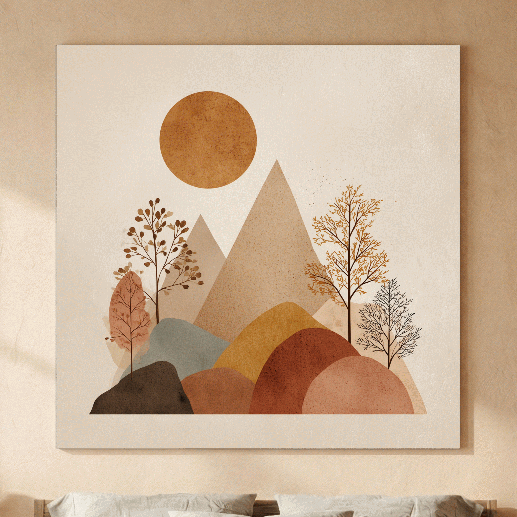 Minimalist Scandi Mountain Sunset Landscape - Boho Neutral Earth Tone Wall Art