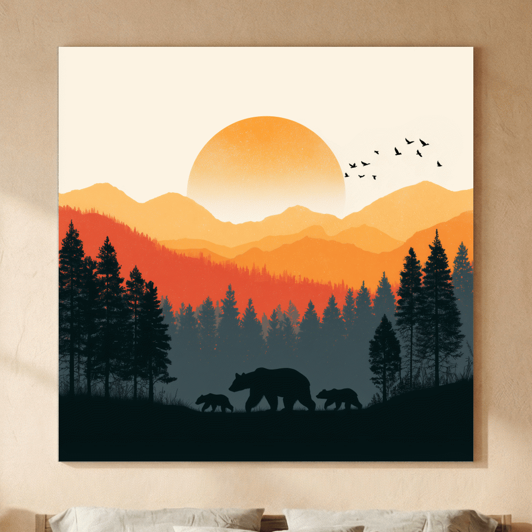 Sunset Mama Bear & Cubs Silhouette - Wildlife Forest Landscape Wall Art