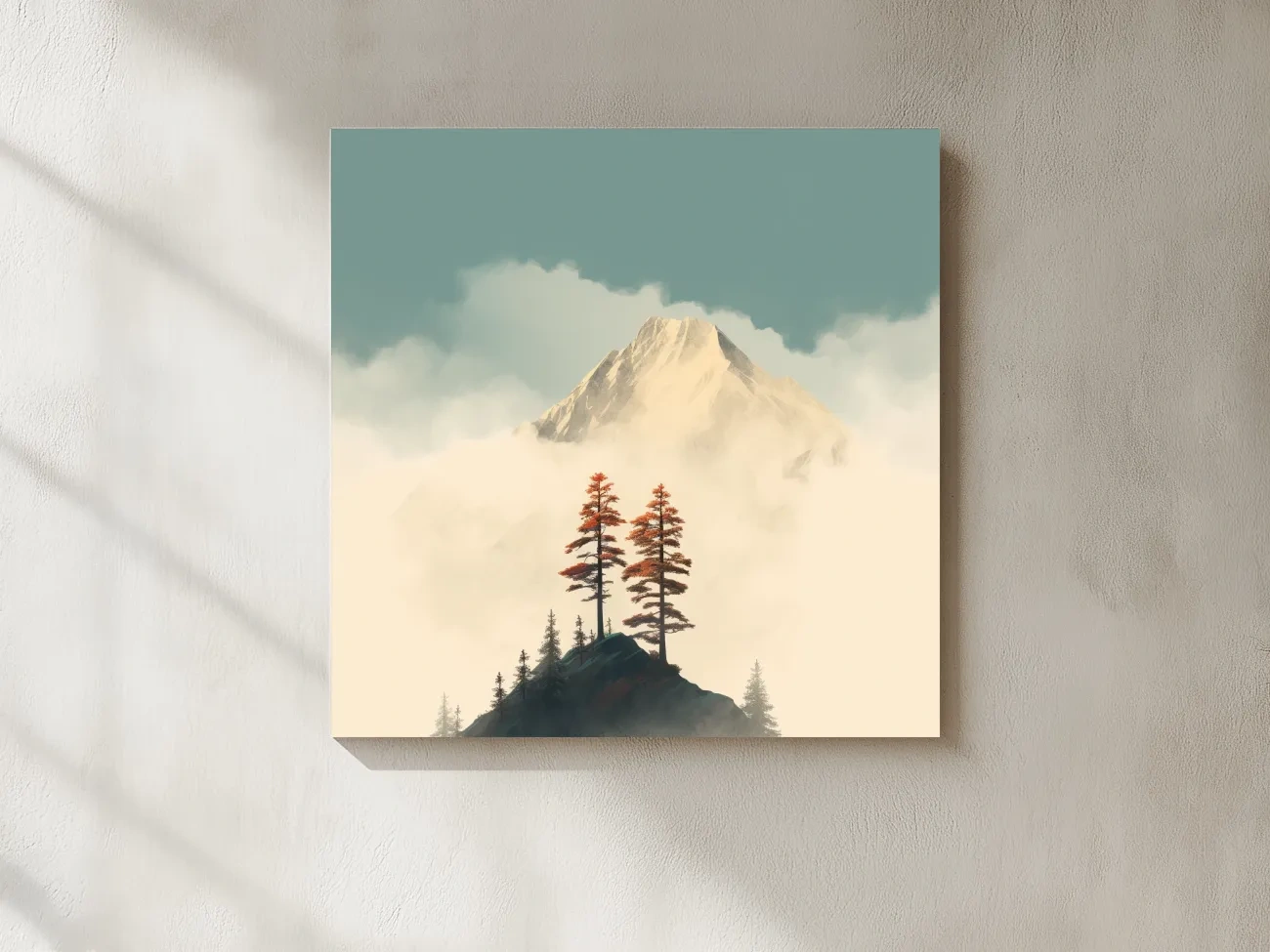 Misty Alpine Peak With Autumn Pines - Minimalist Mountain Artwork