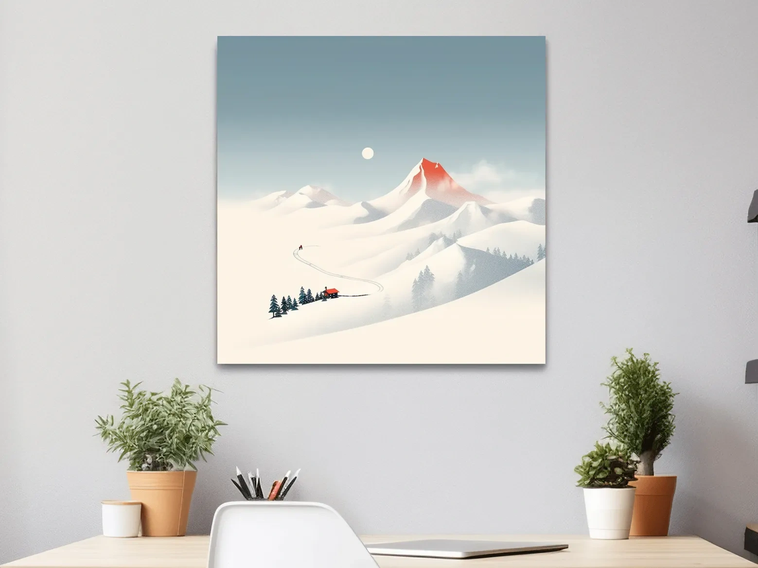 Minimal mountain art, skier leaves skin tracks from the cabin