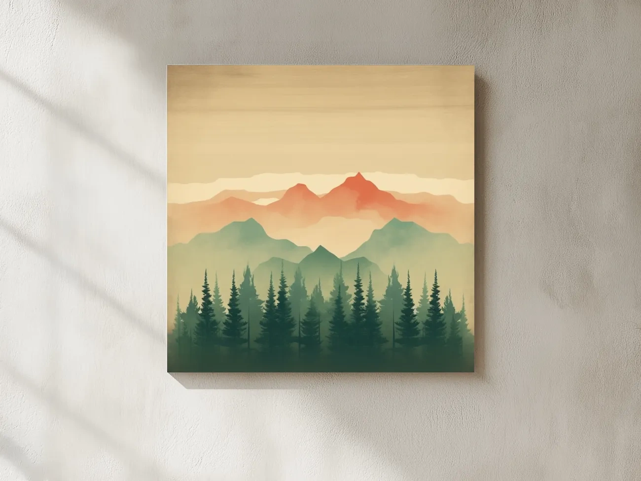 Misty Watercolor Mountain Range Sunrise - Pine Forest Landscape Artwork