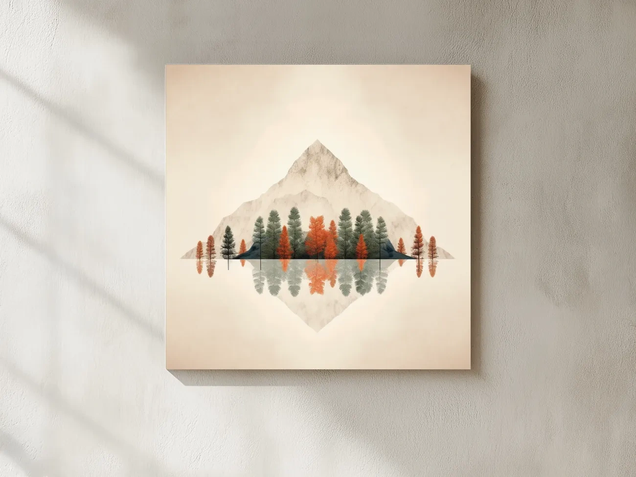 Minimalist Minimal Mountain Lake Reflection Painting - Autumn Pine Forest Artwork