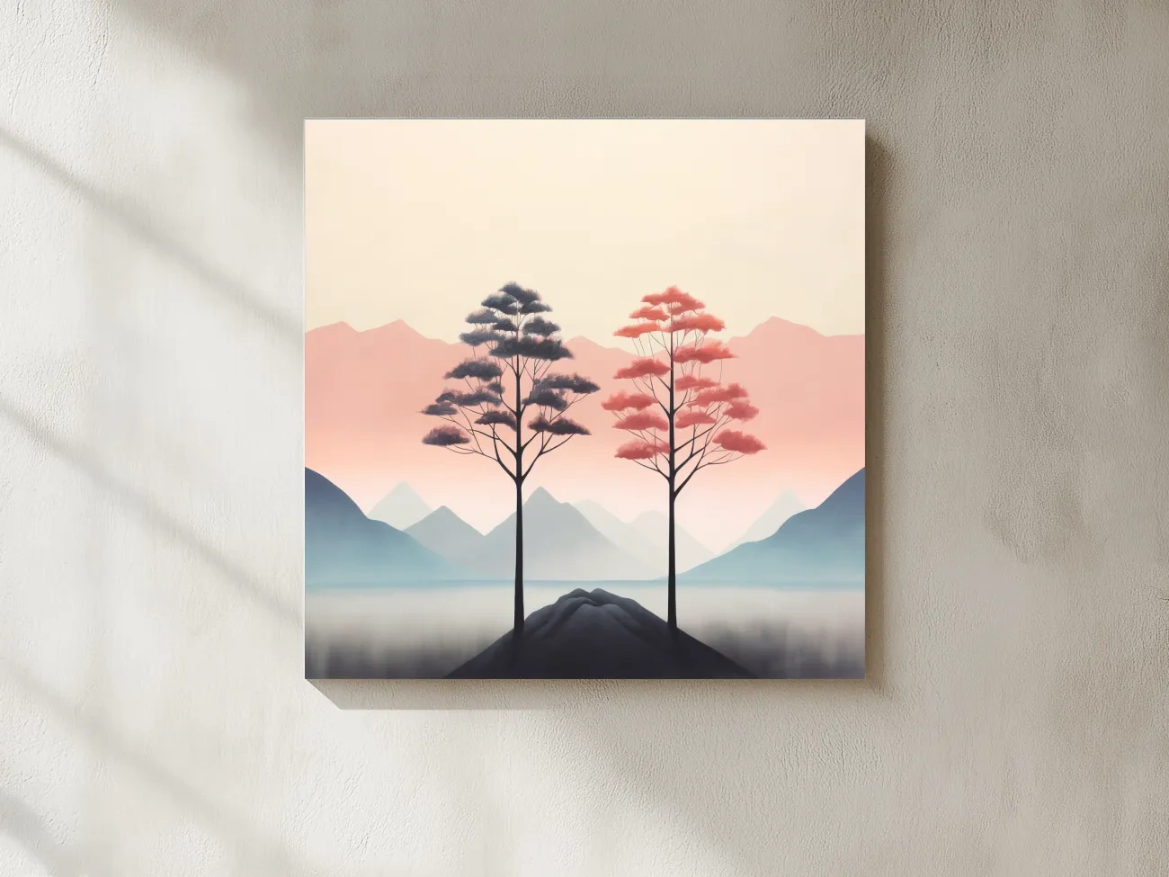 Minimalist Twin Pine Trees Landscape - Serene Pastel Mountain Lake Wall Art