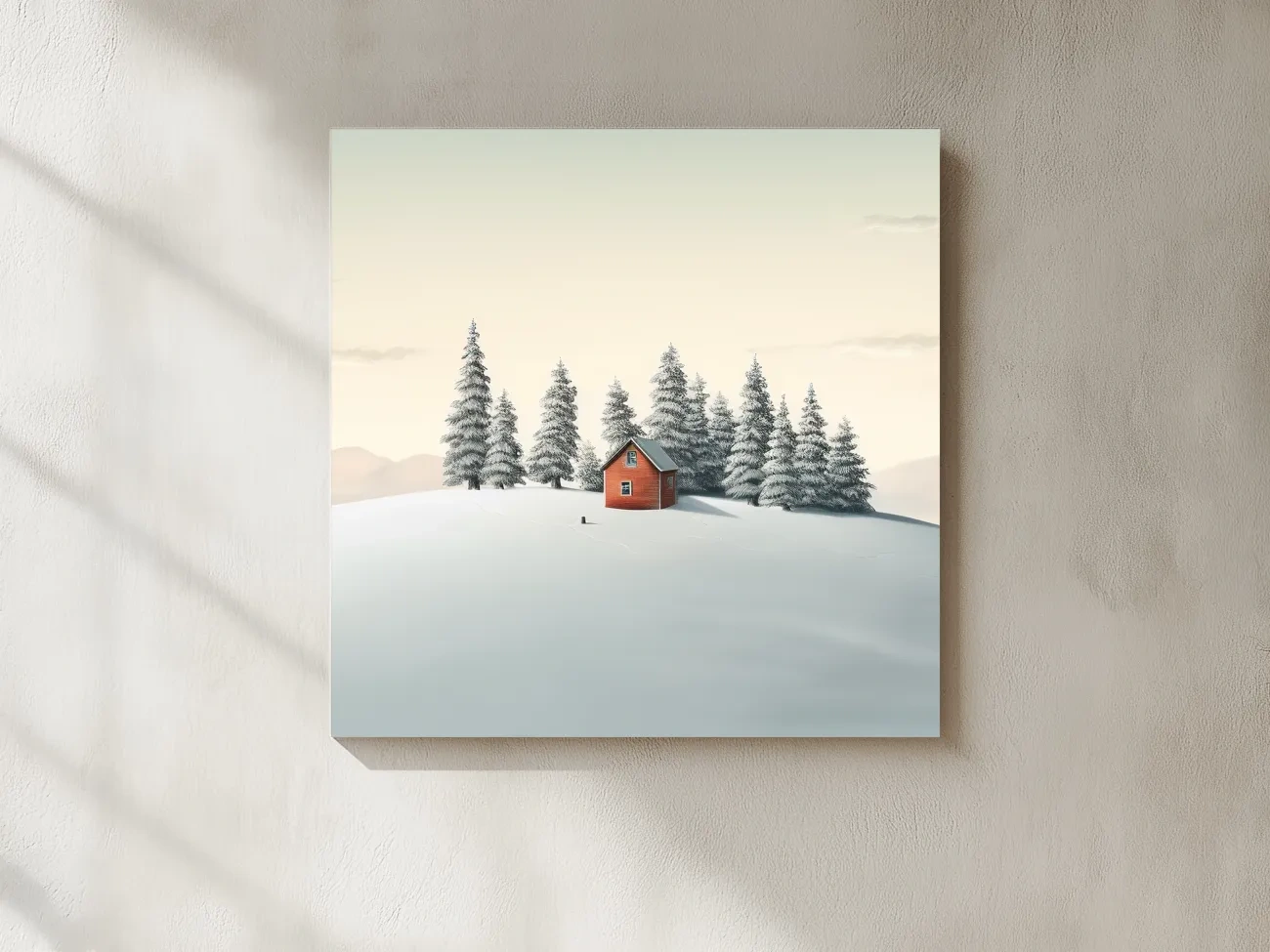 Minimalist Snowy Cabin In Pine Forest - Serene Winter Landscape Wall Art